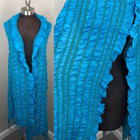 Blue Ruffle Fringe Scarf Large Wrap NWT QVC - Picture 5 of 8